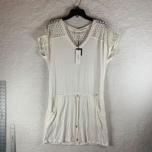 Calvin Klein Women's Cap Sleeve White Crochet-Shoulder Tunic Cover Up Size S NWT